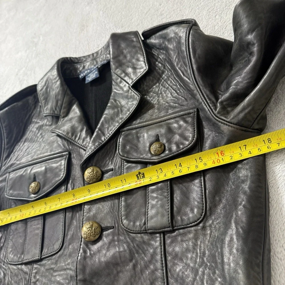 Ralph Lauren Blue Label Womens M Black Leather Cropped Military Jacket Brass